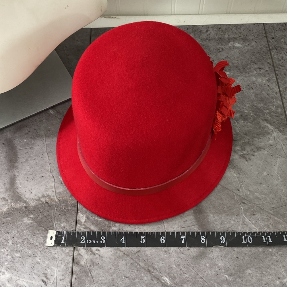 A August Vintage Red 100% Wool Hat Bow Church Cloche‎ Fedora Lipstick Red - Picture 10 of 14
